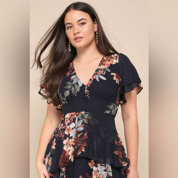 Lulus Midnight Mood Navy Blue Floral Print Tiered Maxi Dress Size Small NEW - Picture 10 of 13